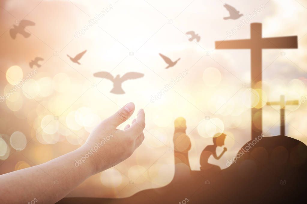 Human hands open palm up worship. Eucharist Therapy Bless God Helping Repent Catholic Easter Lent Mind Pray. Christian worship concept background.