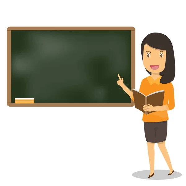 Young female teacher with book on lesson at blackboard in classr — Stock Vector