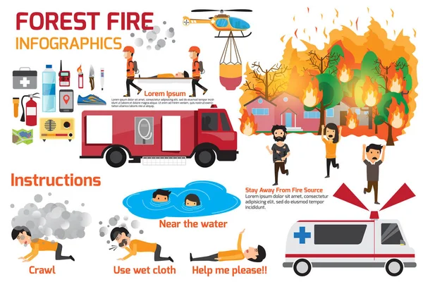 森林火灾信息图表。在火灾火焰的燃烧森林树木。 - — 图库矢量图片