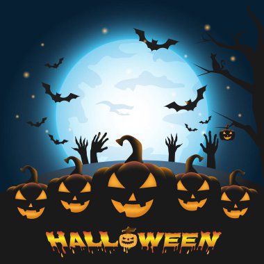 Kabak ve zombiler üzerinde tam mutlu Halloween arka plan 