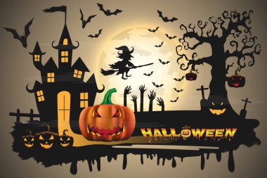 Kabak ve zombiler üzerinde tam mutlu Halloween arka plan 