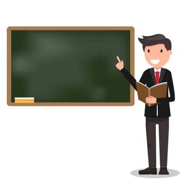 Yazı tahtası classroo, ders kitabı ile genç erkek öğretmen