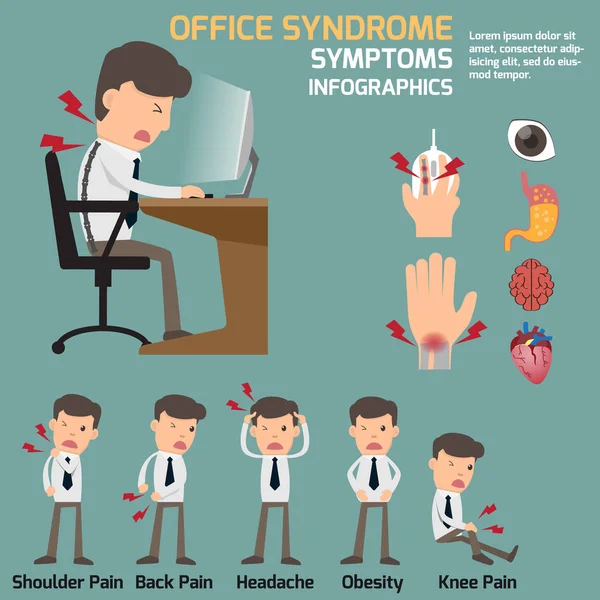 Hombre de negocios tiene síntomas de síndrome de oficina y efecto en los órganos — Vector de stock