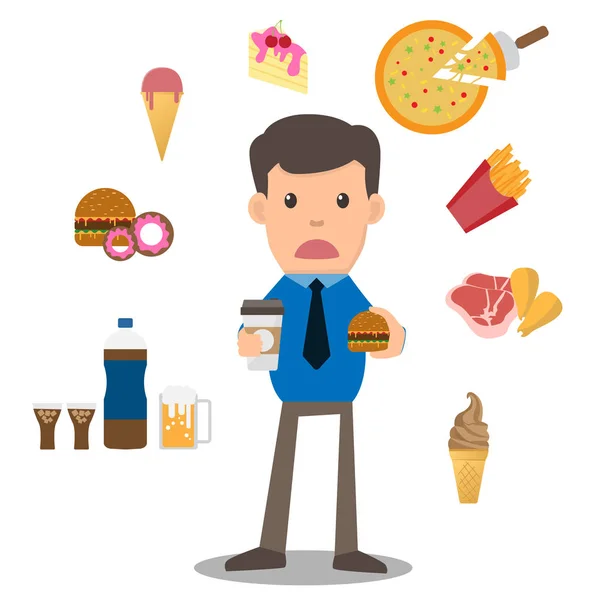 Business man unhappy hungry bearded man eating junk food around — Stock Vector