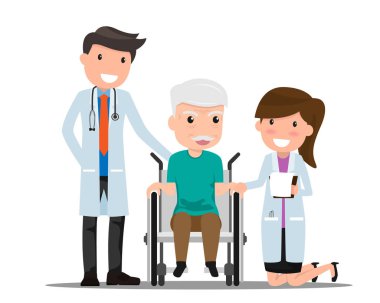 Doktor ve düz stil üzerinde beyaz bac izole büyük adam hastada