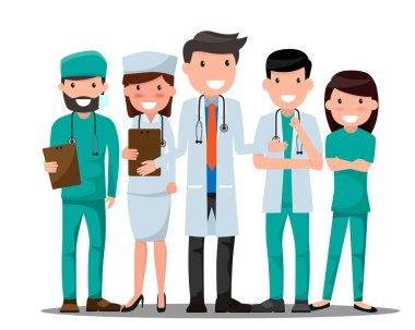 Reklam için çeşitli poz doktor ve hemşire tıbbi kümesinde veya 