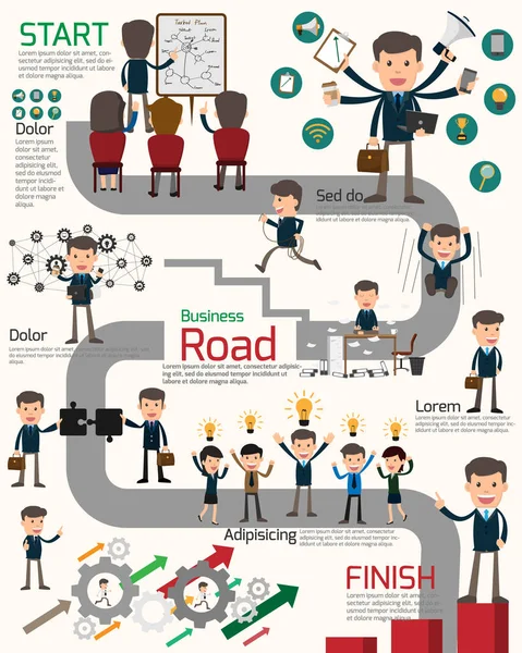 Business Roadmap mit Workstation-Infografiken. Geschäftsleute — Stockvektor