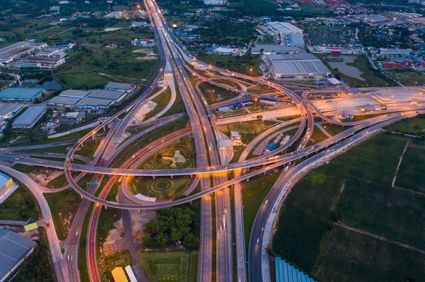 Aerial view Night Expressway, toll way, highway, roads in the ci