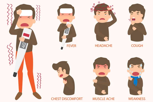 Síntomas de gripe elementos enfermos. Influenza síntomas infografía. Plano — Archivo Imágenes Vectoriales