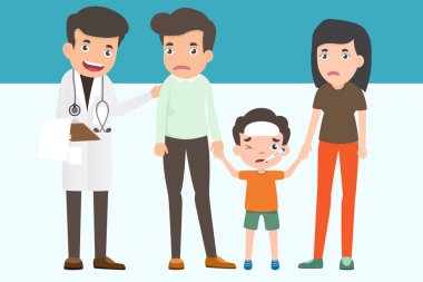 Doktoru ziyaret eden sevimli bir aile. Baba ve oğul doktorun ofisinde. Sağlık ve tıbbi konsept. Çocuklarda hastalık ve ateş hastalığı var. vektör illüstrasyonu