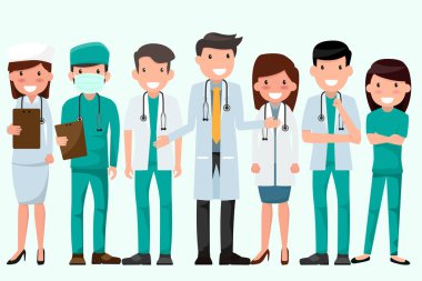 Health and Medical concept illustration. Doctor and nurse characters. Full length doctors wearing uniform, Team Protect Coronavirus (CoVID-19), Checking Health. holding clipboard. Patient treatment. clipart