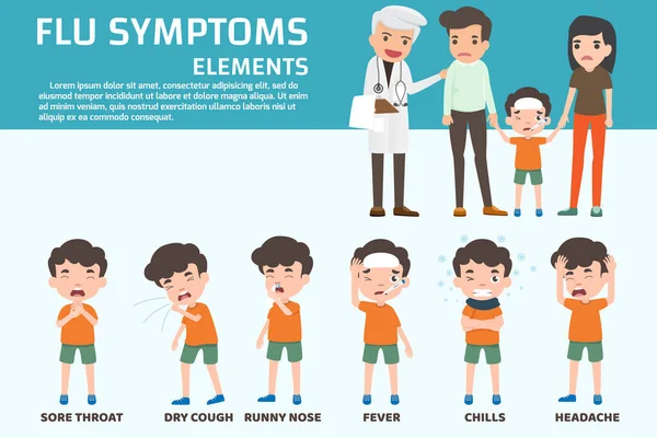 인플루엔자 그래픽 증상을 보이는 아이들은 자세가 다양합니다 일러스트 바이러스 — 스톡 벡터