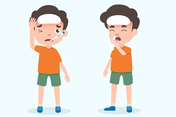 Enfants Garçons Mignons Ayant Grippe Les Symptômes Fièvre Vecteur Santé — Image vectorielle