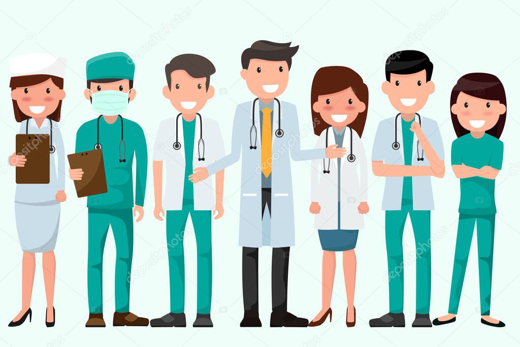 Health and Medical concept illustration. Doctor and nurse characters. Full length doctors wearing uniform, Team Protect Coronavirus (CoVID-19), Checking Health. holding clipboard. Patient treatment.