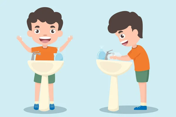 Dzieci Myją Ręce Dzieci Stojące Umywalce Żelem Mycia Rąk Dobre — Wektor stockowy