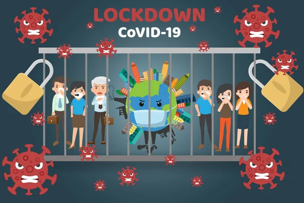 Covid Blocco Pandemico Mondiale Quarantena Covid Coronavirus Focolaio Segno Virus — Vettoriale Stock