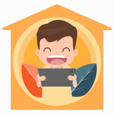 Sevimli küçük bir çocuk gülümsüyor ve elinde akıllı telefon ya da tablet tutarak mutlu oluyor evde izlemekten ve gülmekten zevk alıyor, evde kalıp Coronavirus salgını kampanyasında güvende oluyor. vektör illüstrasyonu.