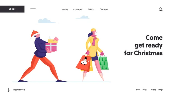 People Prepare Presents for Family and Friends on Winter Holibration Celebration Website Landing Page — стоковый вектор