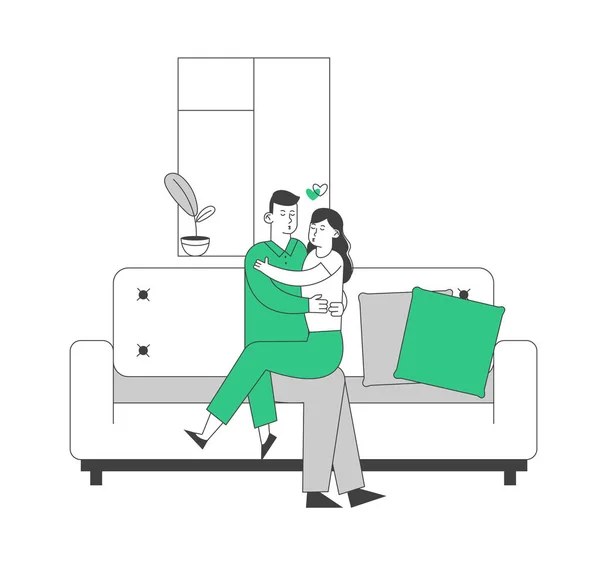 Pareja cariñosa abrazándose sentada en el sofá en casa. Relaciones románticas, Amor y Citas Tiempo libre Ocio — Vector de stock