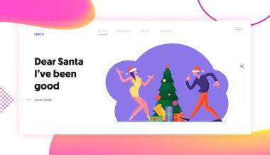 Yılbaşı ya da Noel Kutlaması İş yerinde ya da Web sitesi İniş Sayfasında. Mutlu Erkek ve Kadın İş Adamları Dans Ediyor