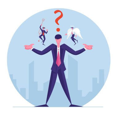 Businessman with Angel and Devil Sitting on Shoulders Whispering in his Ear and Question Mark above Head clipart