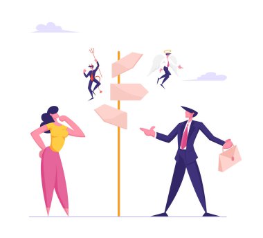 İş hayatı kavramındaki seçimler ve şüpheler. İş Adamı ve İş Kadını Kavşak Çatalında Duruyor