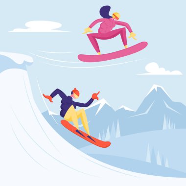 Resort Sport Yedek Zamanı. Kış giysileri içinde Snowboard yapan gençler. Erkek Snowboard Sürücüleri