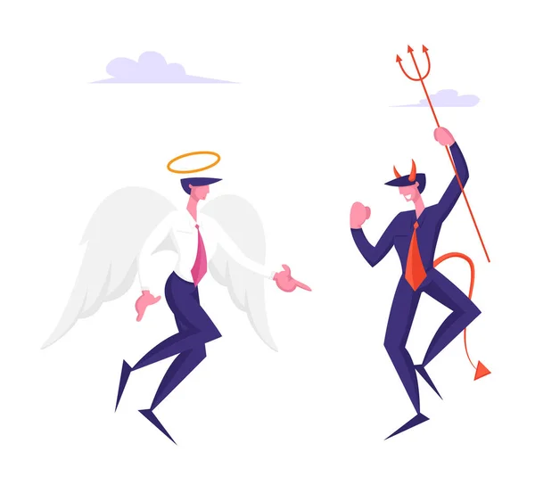 Personajes de negocios Ángel y demonio discutiendo en el cielo. Satanás alegre con cuernos sosteniendo horca y Espíritu Santo — Vector de stock