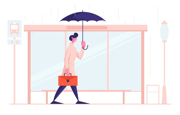 Joven hombre de negocios habitante de la ciudad con paraguas y maletín de pie en la estación de autobuses en lluvia. El mal tiempo lluvioso en la ciudad — Archivo Imágenes Vectoriales