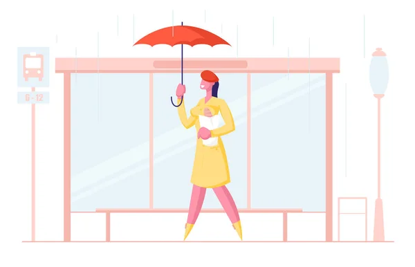 城市背景下的雨中，女城市居民手持雨伞，站在巴士站等待交通 — 图库矢量图片