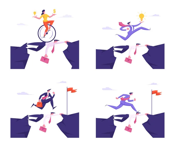 Social Climber Careerist Reach Doelstelling Set. Zakenmensen overwinnen Abyss Going by Back of Partner zoals op Bridge. Uitdaging, Zakenmensen Manager Loop over hoofden Cartoon Flat Vector Illustratie — Stockvector