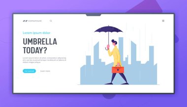 Yağmurlu Sonbahar Havası Web sitesi İniş Sayfası. Evrak çantalı genç bir iş adamı ve Şemsiye Şehir Arkaplanı boyunca yürüyor. Meteoroloji Hava Durumu Web Sayfası Afişi. Çizgi film Düz Vektör İllüstrasyonu