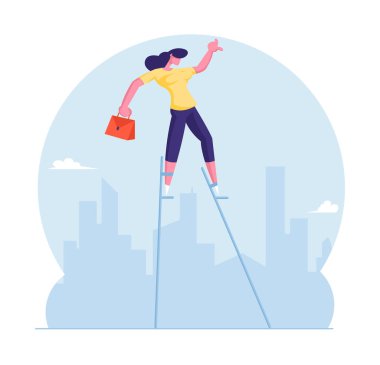 Riskli İş Çözümü Konsepti. Skyline City 'de Stilts' te çantayla gezen iş kadını. Kurumsal Yaşamda Yaratıcı Çözüm Riski ve Meydan Okuma. Çizgi film Düz Vektör İllüstrasyonu
