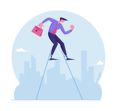 Şehir Arkaplanı 'nda resmi giyinen iş adamı, el çantasıyla ayaklıklarla yürüyor. Yoğunlaştırılmış Girişimci Krizden Kaçtı ya da İş Karikatüründeki Zor Durum Düz Vektör İllüstrasyonu