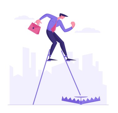 Resmi Takım Elbiseli İş Adamı Stilts Step 'ten Tuzağa Yürüyen Evrak Çantası ile. Tecrübesiz İşadamı Karakteri Sorundan Kaçmaya Çalışıyor veya Çözüm Aranıyor. Çizgi film Düz Vektör İllüstrasyonu