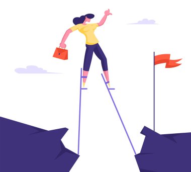 Uçurumun diğer tarafındaki Kızıl Bayrağa Ulaşmaya Çalışan Uçurumun Üstesinden Gelen İş Kadını. Kız Yönetici İş Kadını Zorluğu Sosyal Dağcı Kariyer Hedefine Ulaştı Çizgi Film Düz Vektör İllüzyonu