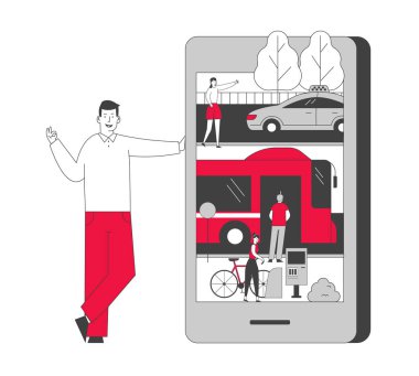 Şehir Taşımacılığı Konsepti Düzenlemek için Akıllı Uygulama. Genç Adam Dev Akıllı Telefon 'un önünde duruyor. Taksi Otobüsü ve Kiralık Bisiklet Taşımacılığı ekranda. Mobil Uygulama Çizgi Filmi Düz Vektör İllüstrasyonu, Satır Sanatı