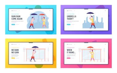İlkbahar Yağmuru Meteoroloji Tahminleri Web sitesi İniş Sayfası Set. Otobüs İstasyonu Web Sayfası Afişi 'nde Şemsiyeli Evrak Çantası Kadını ve Ekmek Bekleme Aracı. Çizgi film Düz Vektör İllüstrasyonu