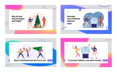 Kış Tatilleri ve Xmas Aksesuarları Web Sitesi İniş Sayfası Seti. Mutlu İnsanlar Hediyelik Eşyalar Hazırlar ve Noel 'i ve Yeni Yılı Kutlar. Kış sezonu Web Sayfası Afişi. Çizgi film Düz Vektör İllüstrasyonu