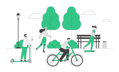 Scooter Bisiklet Kaykayı ve Patenciler Park 'ta Aktif Boş Zaman Harcarken Farklı Ekolojik Taşımacılık Sürücüleri. İnsan Hayatı Çizgi Filminde Çevre Taşımacılığı Düz Vektör İllüstrasyonu, Çizgi Sanatı