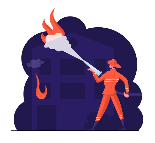 Brave Fireman Spraying Water from Hose Fighting with Blaze at Burning House. Male Character in Firefighters Uniform and Hat Extinguish Big Fire. Dangerous Profession Cartoon Flat Vector Illustration