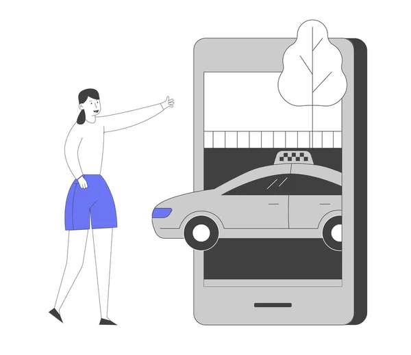 Νεαρή γυναίκα Παραγγελία Οδηγός Ταξί Χρήση Mobile Εφαρμογή σε Smartphone. Ο χαρακτήρας του πελάτη περιμένει αυτοκίνητο έξω. Smart App για Auto Order by Phone City Life Cartoon Flat Vector Illustration, Τέχνη γραμμής — Διανυσματικό Αρχείο