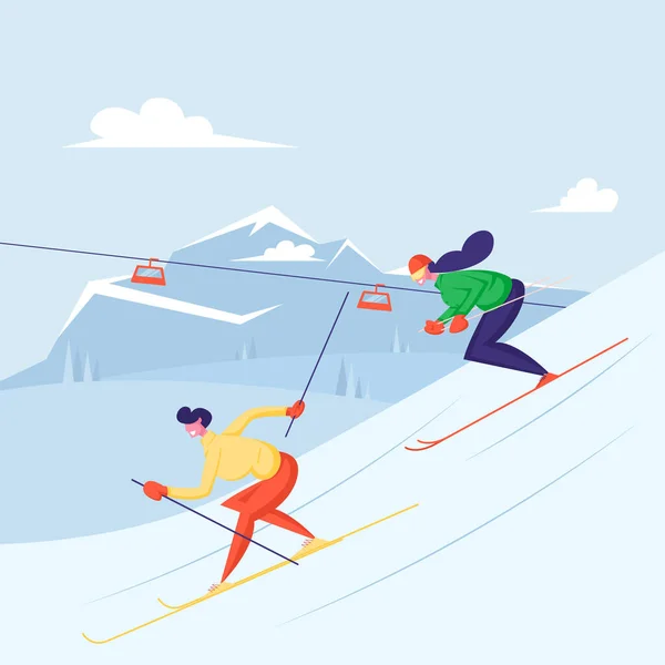 Gente esquiando. Man and Woman Skiers Riding Downhills at Winter Season (en inglés). Actividad Deportiva Estilo de vida en Mountain Resort con nieve y funicular. Tiempo frío Recreación Dibujos animados plana Vector Ilustración — Vector de stock