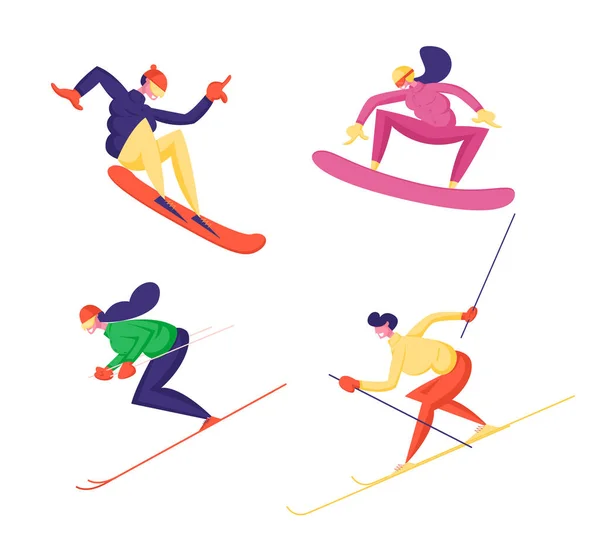 Set of Winter Time Sports Activities Isolated on White Background. Skiing Snowboarding Sportsmen Sportswomen with Sports Equipment Snowboard and Skis Riding Downhills. Cartoon Flat Vector Illustration