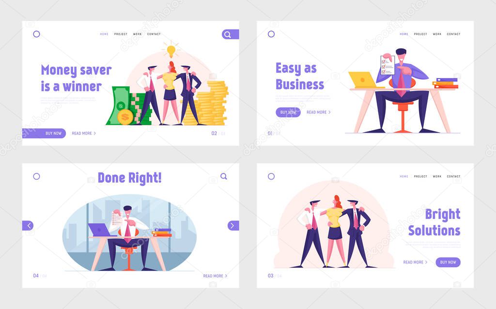 Dream Team and Business Contract Website Landing Page Set. Businesspeople Teamwork and Earning Money, Lawyer Presenting Paper Document for Signing Web Page Banner. Cartoon Flat Vector Illustration