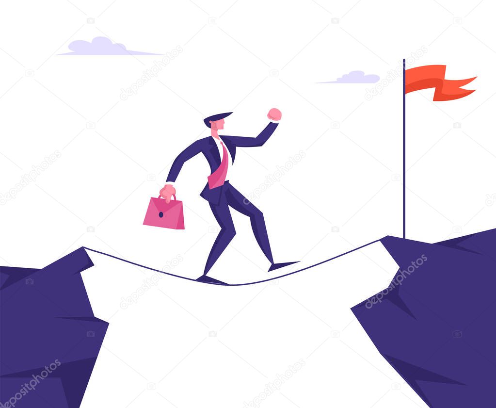 Businessman Walking and Balancing on Rope Over Precipice in Mountains Trying to Reach Red Flag on other Side of Cliff. Business Risk Taking, Challenge, Concentration Cartoon Flat Vector Illustration