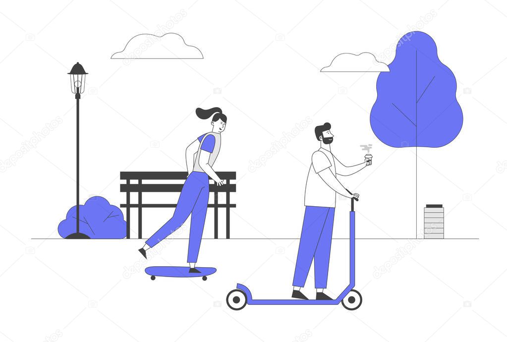 City Life Eco Transport. Young Woman Driving Skateboard, Man Riding Scooter with Coffee in Public Park Outdoors Activity Dweller Summer Lifestyle in Megapolis Cartoon Flat Vector Illustration Line Art