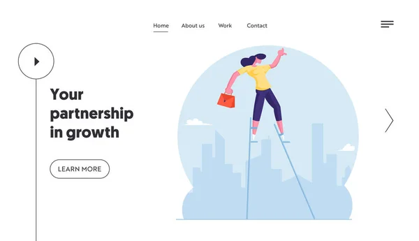 Idea de negocio riesgosa Página web Landing Page. Empresaria con Maletín Equilibrio en Stilts en City Skyline Fondo — Archivo Imágenes Vectoriales