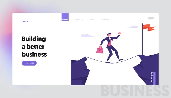 Business Risk Challenge Concentration Website Landing Page. Businessman Walking on Rope Over Precipice — Stockvector