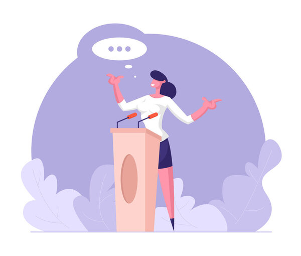 Woman Speaker Standing Behind of Podium with Microphones Speaking with Speech Bubble. Presidential Election